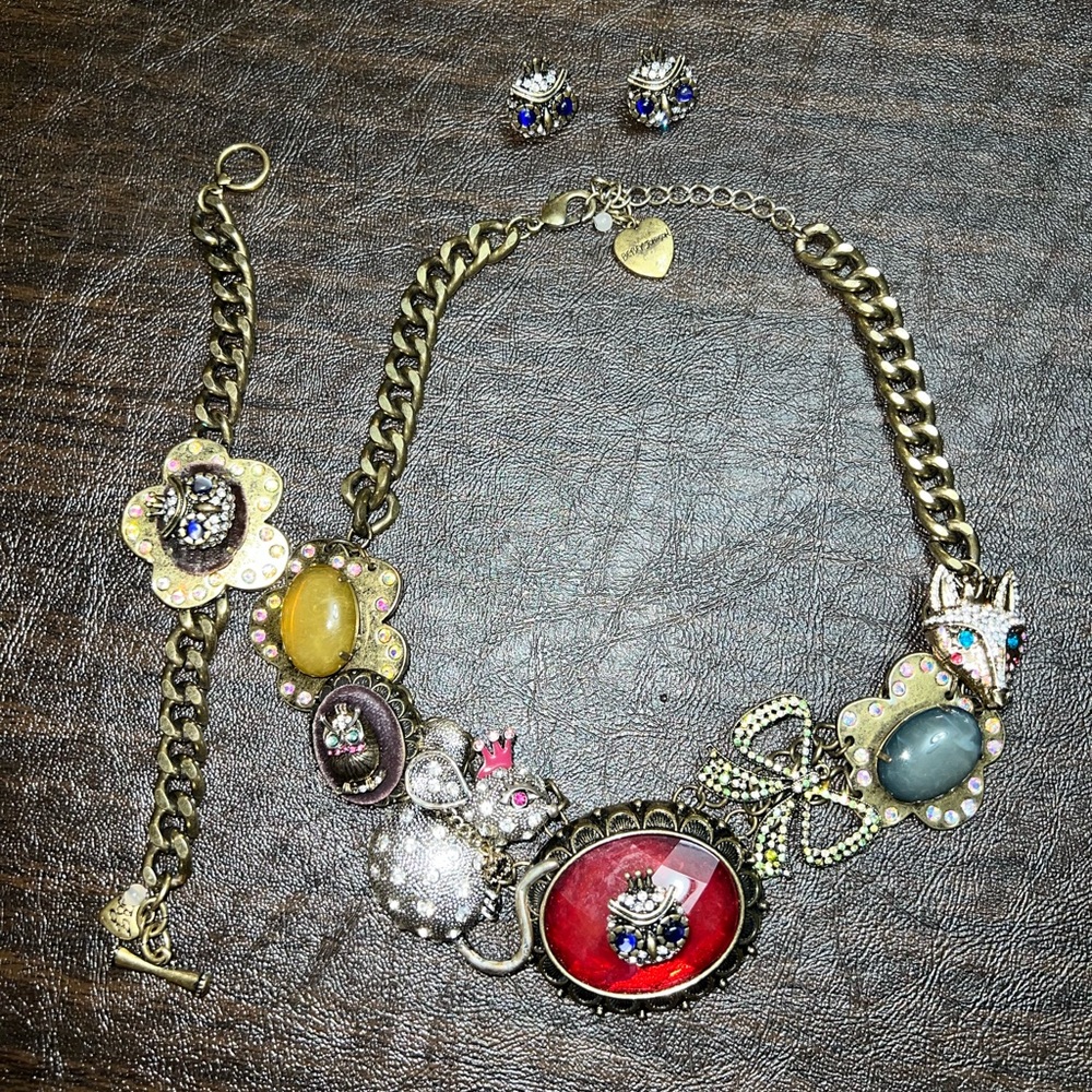 Vintage Rare Betsey Johnson Woodland Critter Necklace, Bracelet and Earrings Set